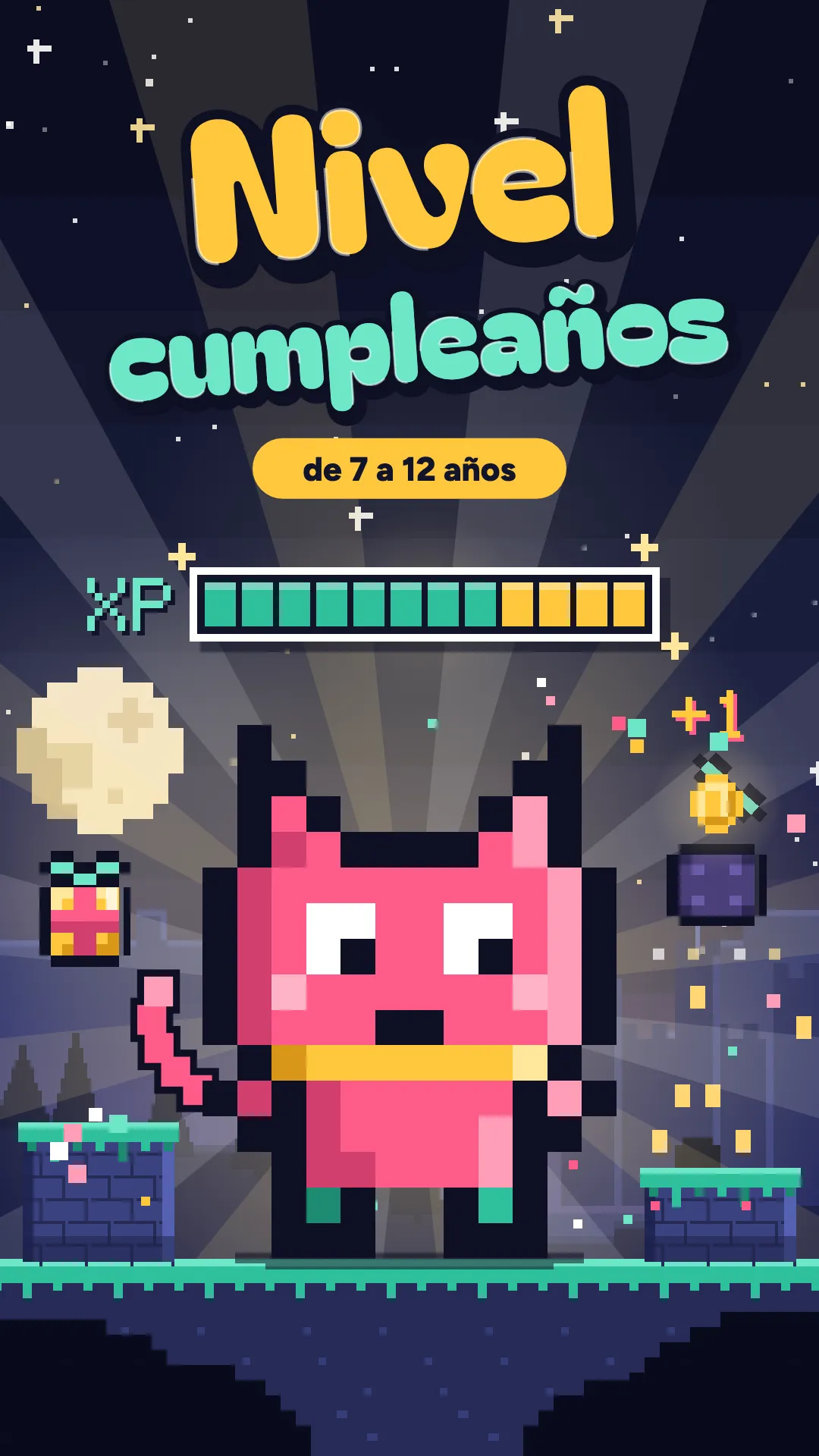 Nivel cumpleaños, Videojuego retro, 7–12 años