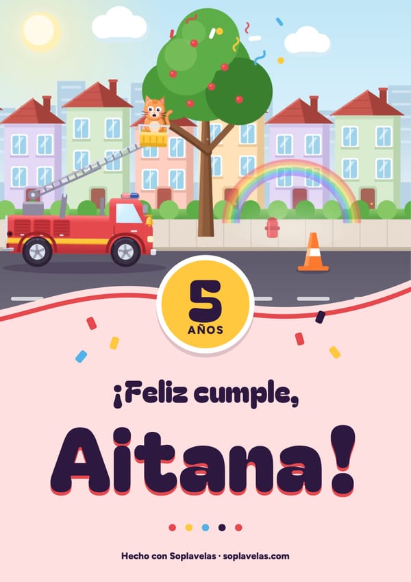 Cartel de feliz cumple de bomberos, con el camión de la escalera rescatando a un gatito en el árbol, para Aitana, que cumple 5