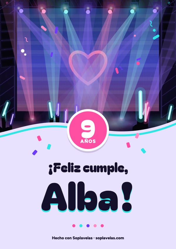 Cartel de feliz cumple de coreo, con la pantalla gigante del corazón, los focos y las barras de luz del público, para Alba, que cumple 9