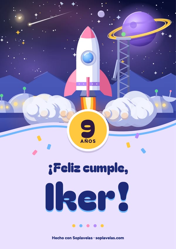 Cartel de feliz cumple del espacio, con el cohete despegando y el planeta del anillo, para Iker, que cumple 9
