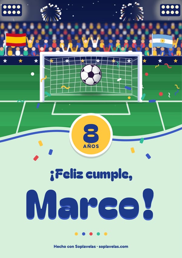 Cartel de feliz cumple de fútbol, con el balón entrando en la portería del estadio, para Marco, que cumple 8