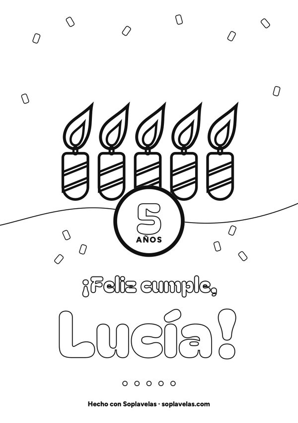 Cartel de feliz cumple para colorear, en blanco y negro, con el nombre Lucía y la edad 5