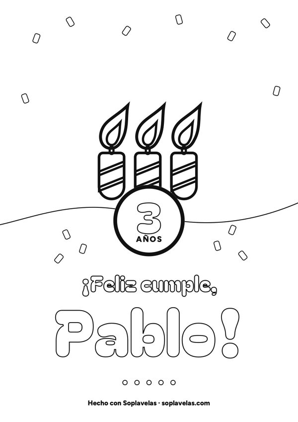 Cartel de feliz cumple para colorear, en blanco y negro, con el nombre Pablo y la edad 3