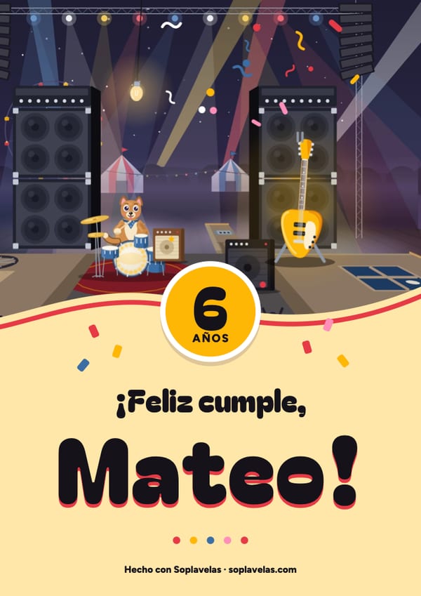 Cartel de feliz cumple de rock, con el perro a la batería, los amplis gigantes y la guitarra en el escenario del festival, para Mateo, que cumple 6