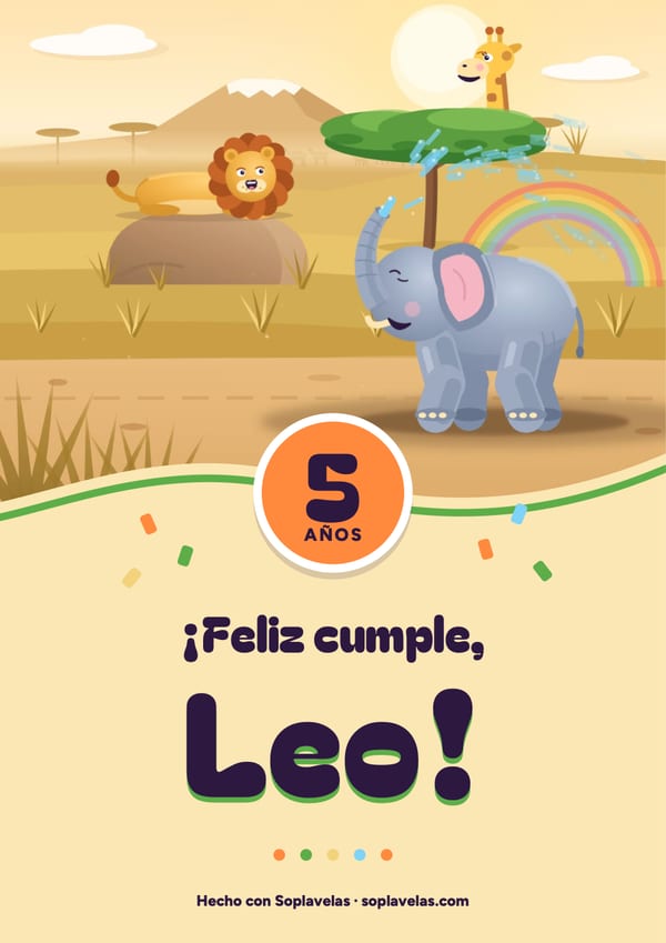 Cartel de feliz cumple de safari, con el elefante, el león y la jirafa en la sabana, para Leo, que cumple 5