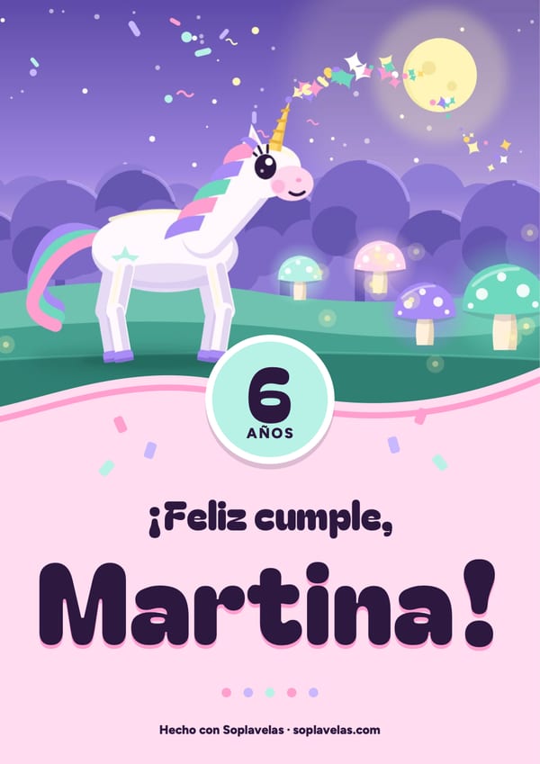 Cartel de feliz cumple de unicornios, con el unicornio y las setas que brillan en el bosque, para Martina, que cumple 6